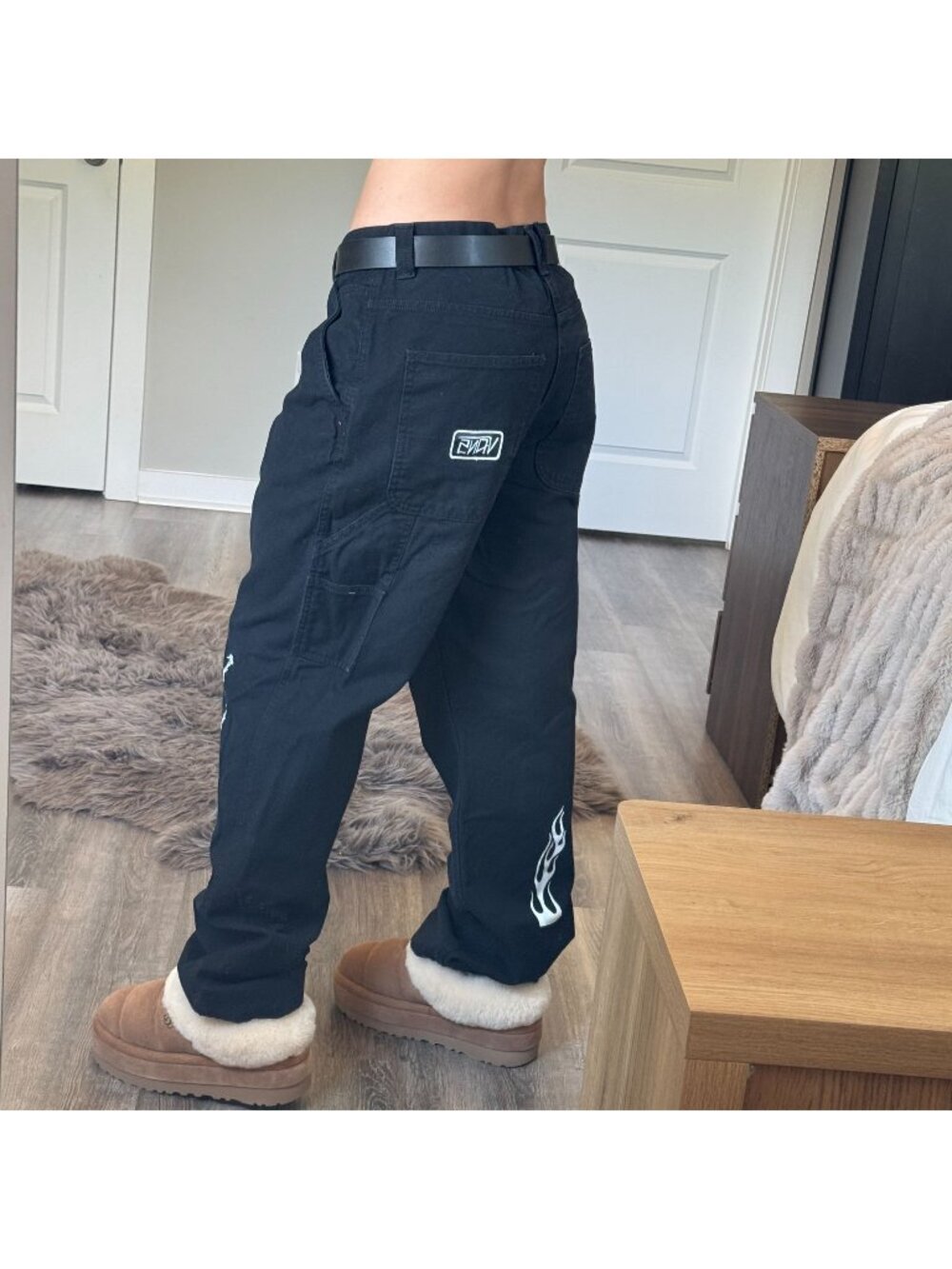 Vans Black Men's Cargo Pants with White Flame Detail